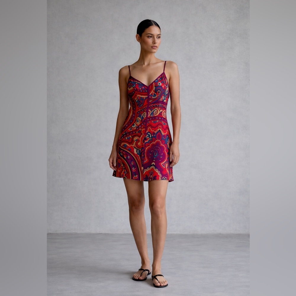 Vintage Josie Natori 100% Silk Slip Dress – 90s Bias Cut maximalist print. Small